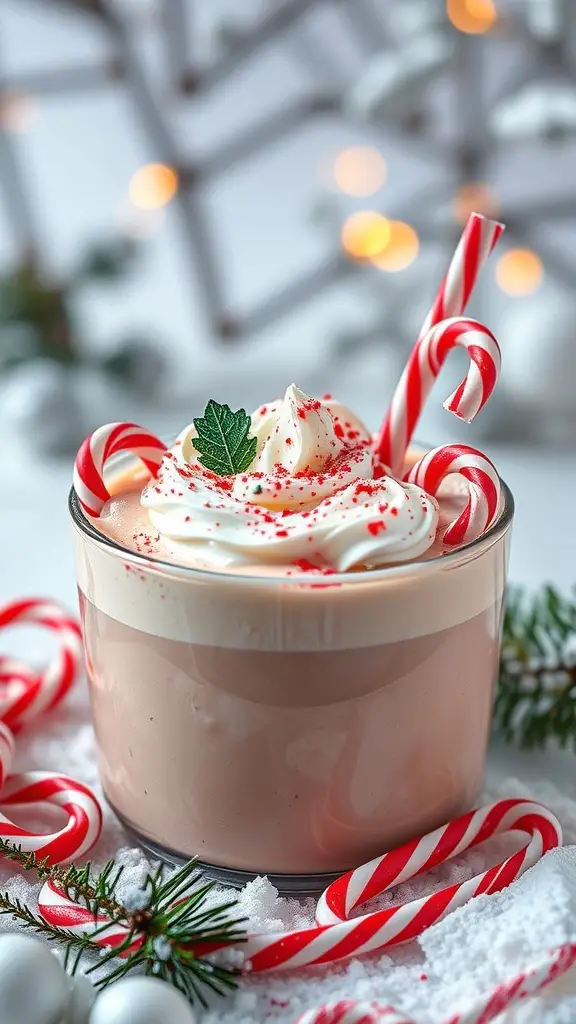 A festive Peppermint Hot Chocolate Smoothie Bowl topped with whipped cream, candy canes, and sprinkles.