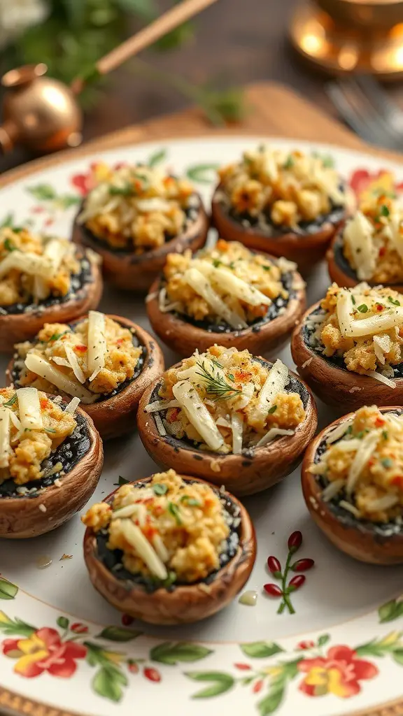 A platter of stuffed mushrooms topped with garlic and parmesan.