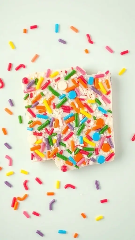 Colorful rainbow sprinkle bark with various sprinkles on top
