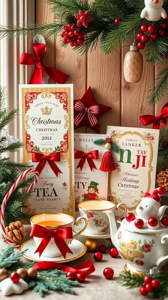 A collection of beautifully designed Christmas tea party invitations with festive decorations.