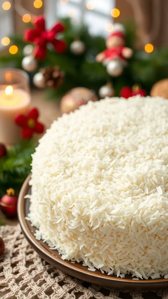 A snowy coconut cake decorated with coconut flakes, set against a festive background with holiday decorations.