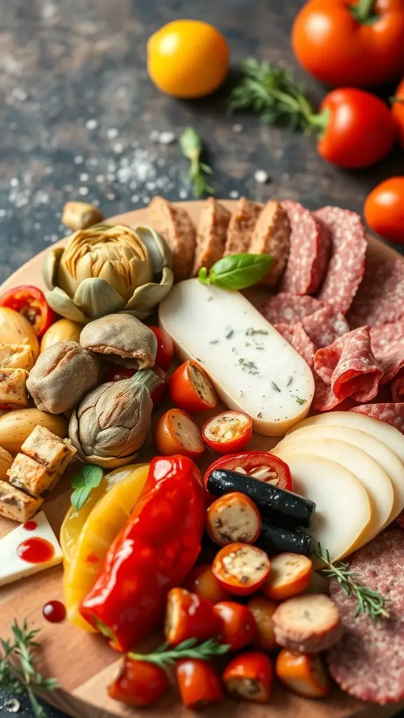A beautifully arranged classic Italian antipasto board featuring cured meats, cheeses, olives, and colorful vegetables.
