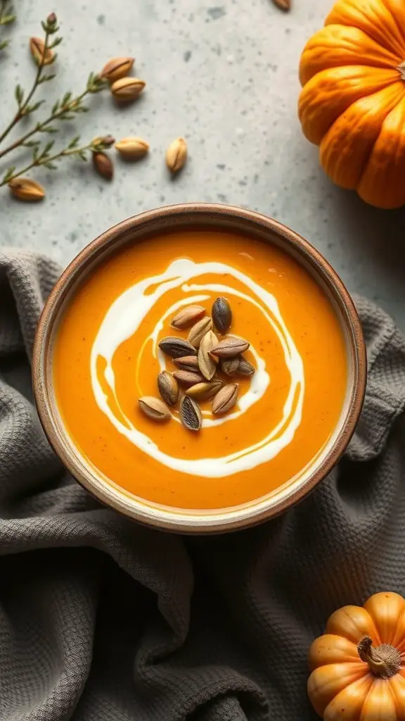 A bowl of butternut squash soup topped with cream and pumpkin seeds, surrounded by a small pumpkin and herbs.