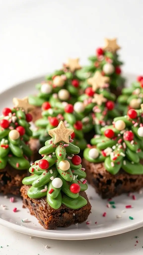 A plate of Christmas Tree Brownies decorated with green frosting, colorful candies, and star toppers.