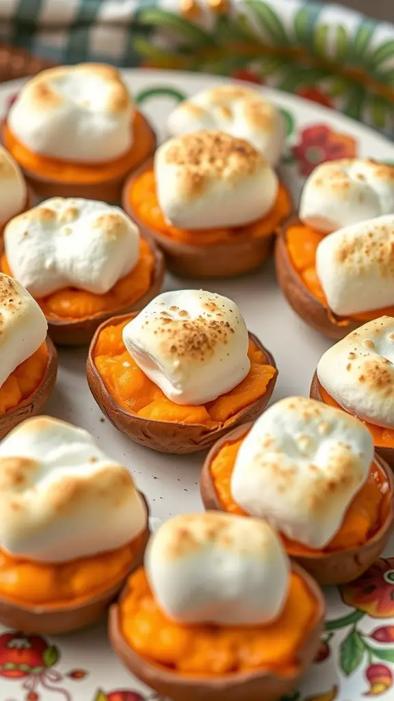 A plate of sweet potato bites topped with toasted marshmallows, perfect for Thanksgiving finger food.