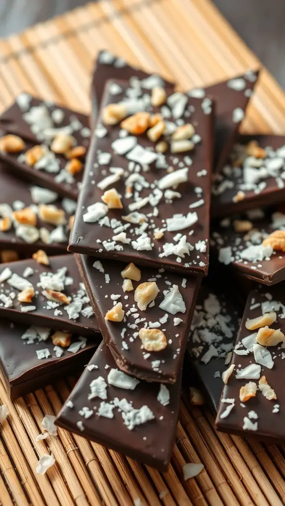Dark chocolate bark topped with coconut flakes and nuts
