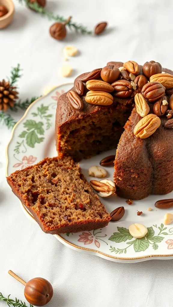 A festive fruitcake topped with assorted nuts, displayed on a decorative plate.