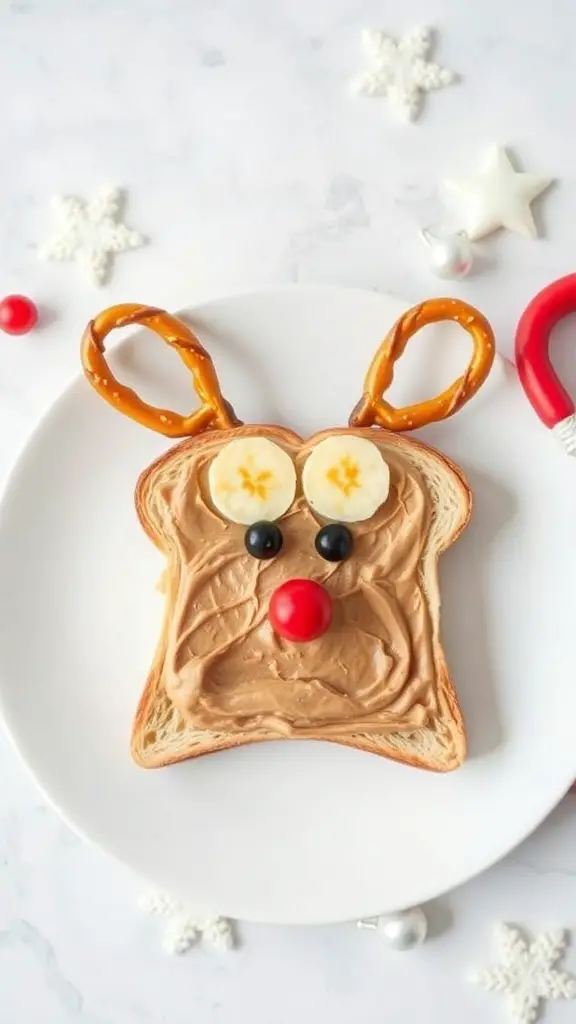 A slice of toast decorated to look like a reindeer with nut butter, banana slices, chocolate chips, a cherry nose, and pretzel antlers.