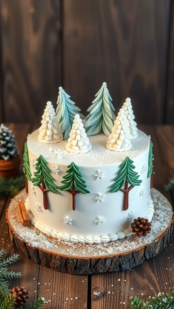 A beautifully decorated snowy forest cake with frosting trees and pinecones