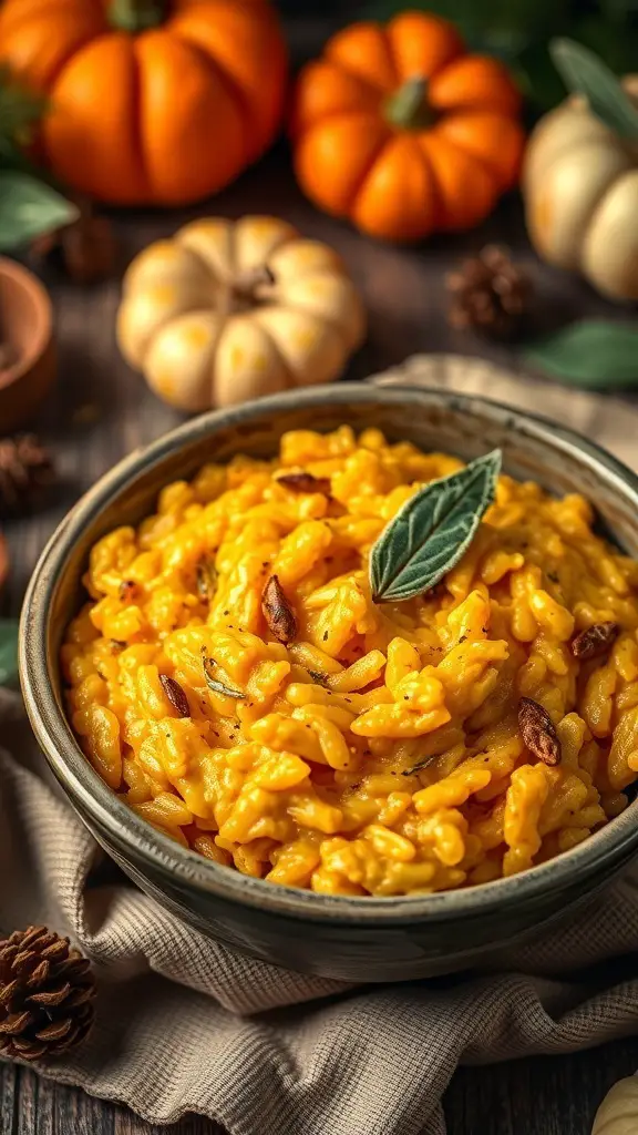 A bowl of creamy pumpkin risotto garnished with sage leaves, surrounded by small pumpkins and pine cones.