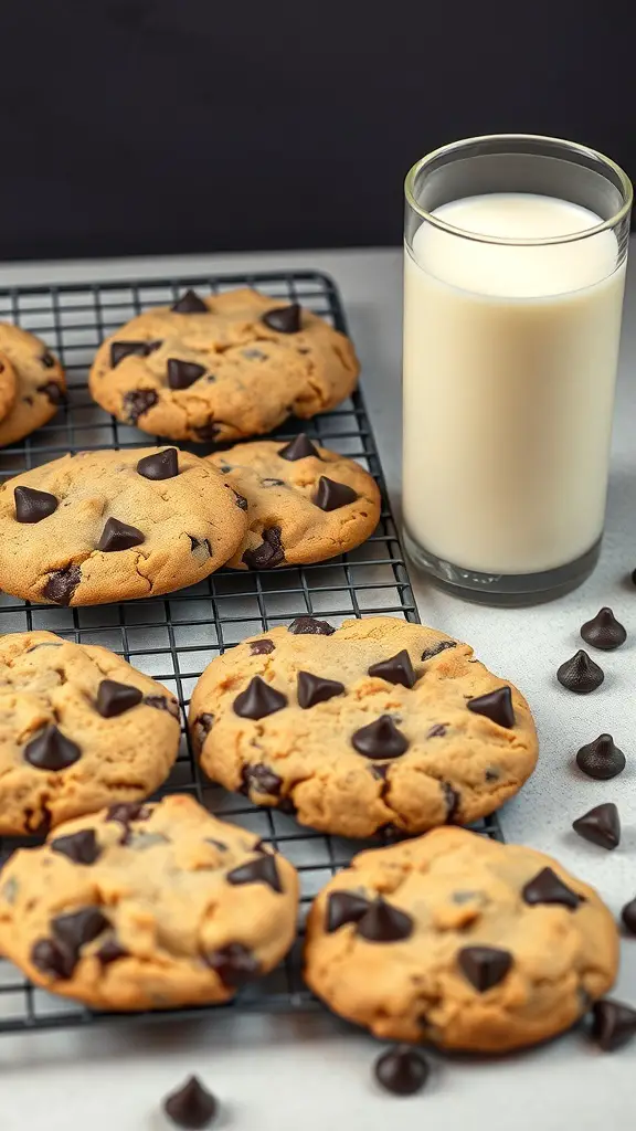 Freshly baked dark chocolate chip cookies cooling on a wire rack with a glass of milk