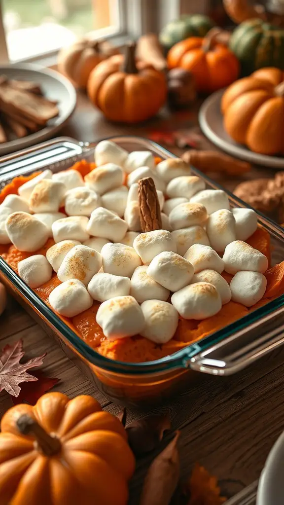 A delicious sweet potato casserole topped with marshmallows, surrounded by pumpkins and autumn decorations.