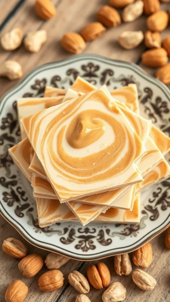 Peanut Butter Swirled Almond Bark on a decorative plate with almonds scattered around