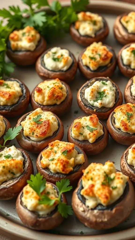 A platter of savory stuffed mushrooms topped with cheese and herbs.