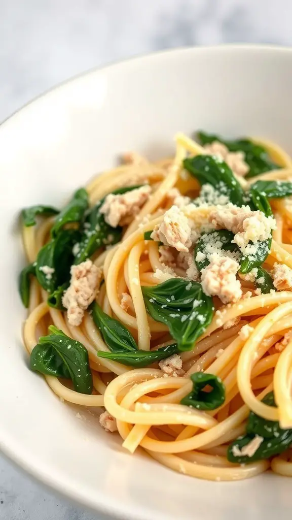 A bowl of creamy turkey and spinach pasta with spaghetti, spinach leaves, and crumbled turkey.