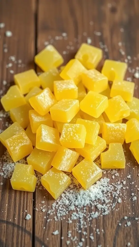 A pile of bright yellow sour lemon drops on a wooden surface, dusted with sugar.