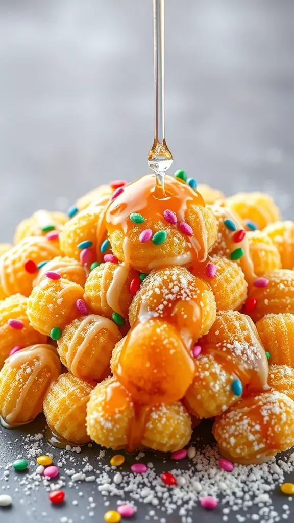 A pile of golden struffoli dough balls drizzled with honey and topped with colorful sprinkles.