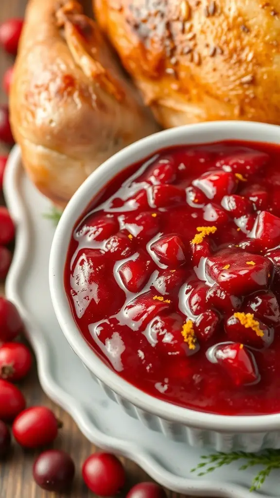 A bowl of cranberry sauce with orange zest, surrounded by fresh cranberries and a roasted chicken.