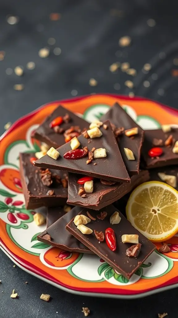 Chili Lime Dark Chocolate Bark with nuts and chili flakes on a colorful plate