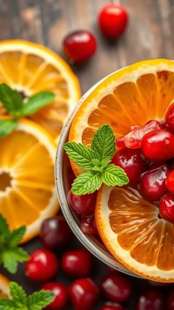 A bowl of cranberry orange relish with fresh cranberries and orange slices, garnished with mint leaves.
