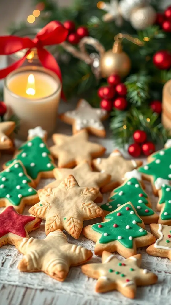 A festive arrangement of decorated shortbread cookies in holiday shapes, including stars and Christmas trees, surrounded by holiday decorations.