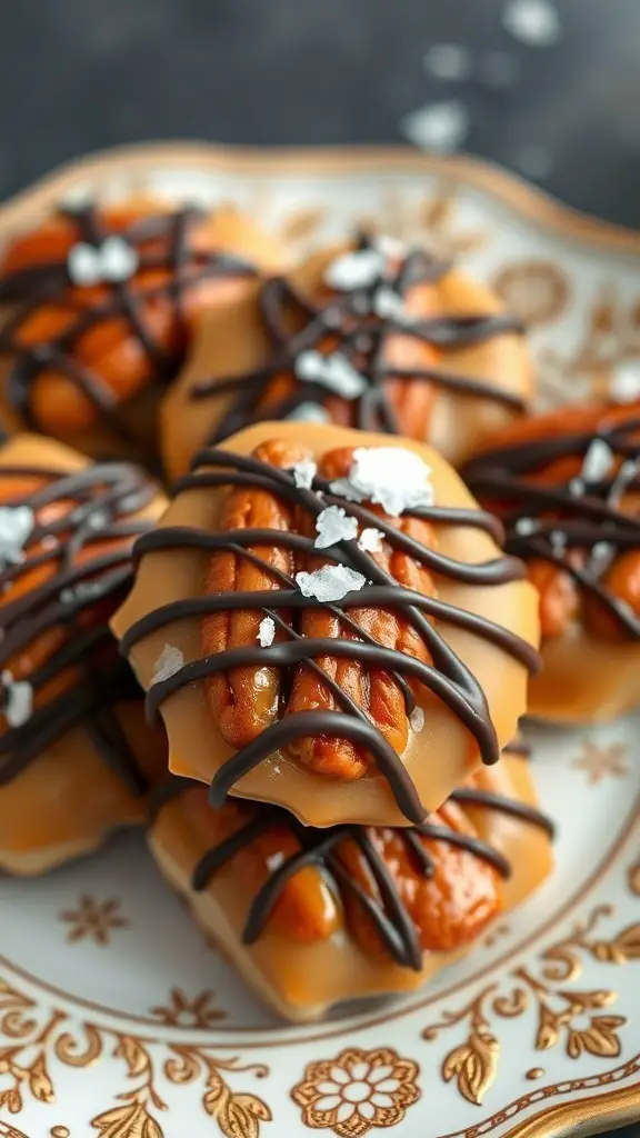 A close-up of caramel pecan turtle candies topped with chocolate drizzle on a decorative plate.