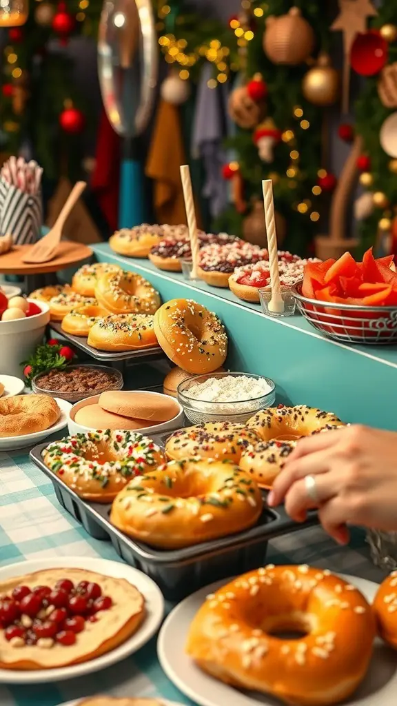 A festive bagel bar with various bagels, toppings, and decorations for Christmas breakfast.