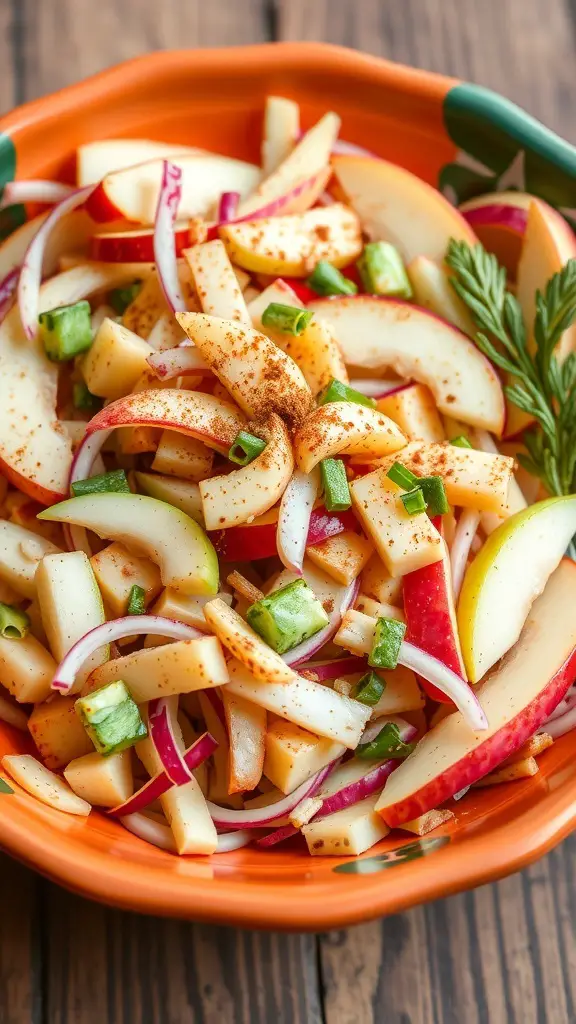 A colorful bowl of spiced apple and pear slaw with red and green apples, onions, and spices.