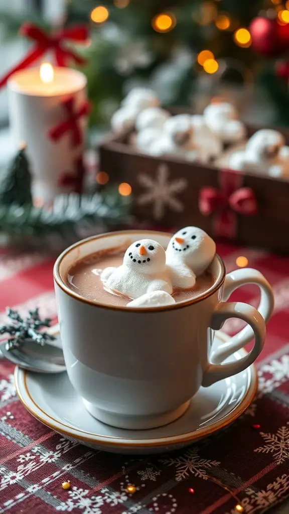 A cozy cup of hot chocolate topped with marshmallow snowmen, surrounded by festive decorations.