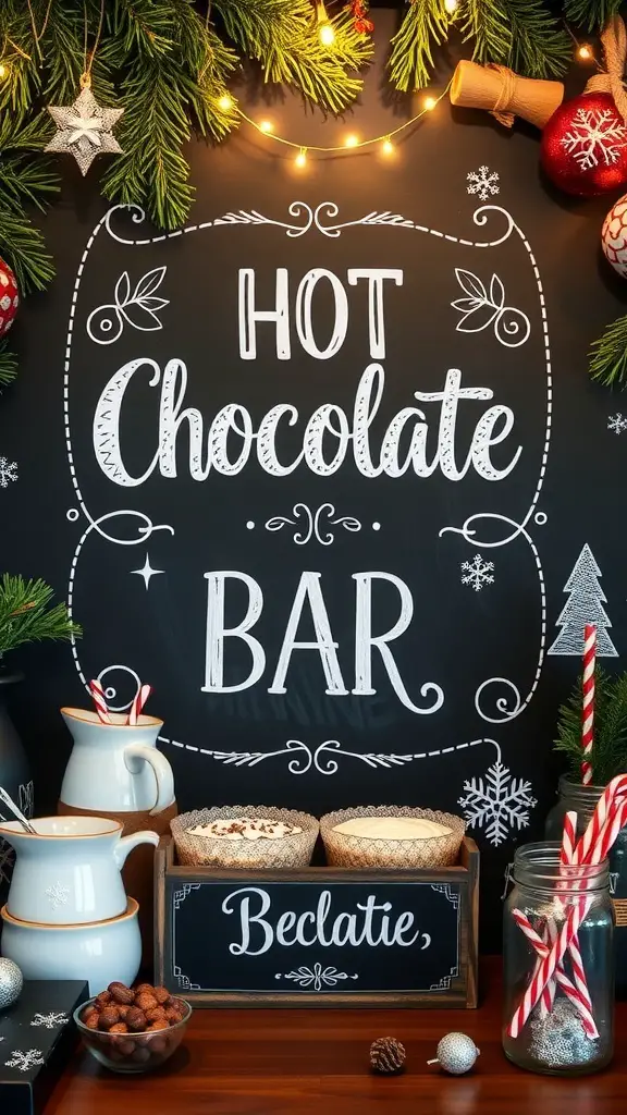 A festive hot chocolate bar sign with decorations, featuring the words 'Hot Chocolate Bar' in a cozy setting.