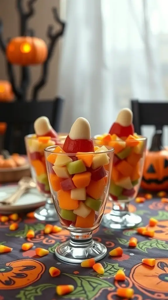 Colorful Candy Corn Fruit Cups with layers of fruit and candy corn on top