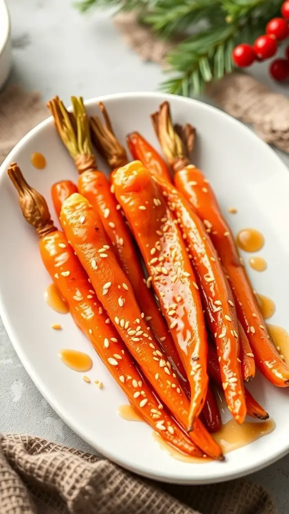 A plate of maple-glazed carrots garnished with sesame seeds