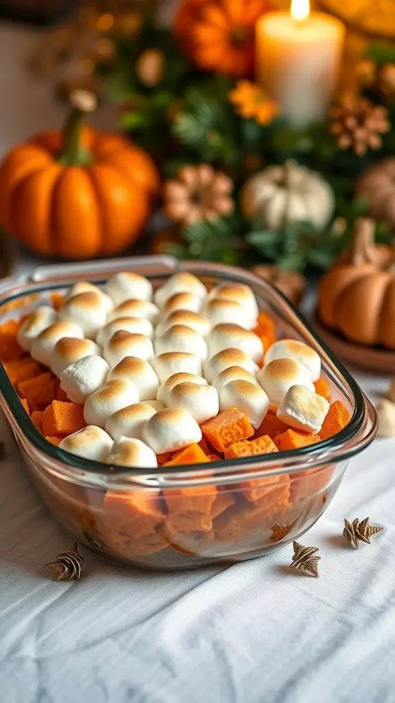 A glass dish filled with sweet potato casserole topped with toasted marshmallows, surrounded by autumn decorations.