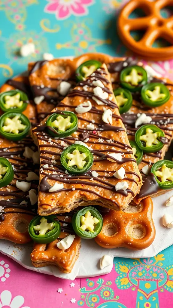 Spicy Jalapeño Pretzel Bark with jalapeño slices and chocolate drizzle on a colorful background