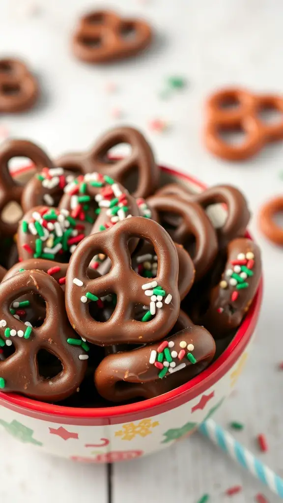 A bowl filled with chocolate-covered pretzels decorated with colorful sprinkles.