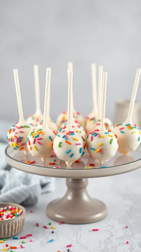 A plate of vanilla bean cake pops decorated with colorful sprinkles.