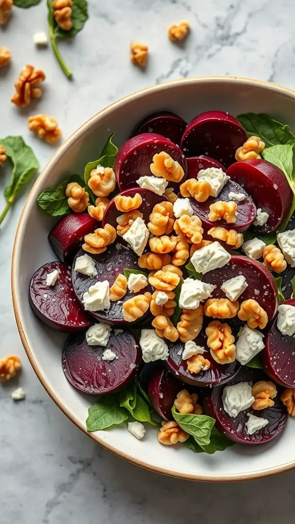 A bowl of roasted beet salad with goat cheese and walnuts on a marble surface.