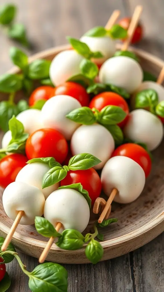 A platter of Caprese skewers with mozzarella, cherry tomatoes, and basil leaves.