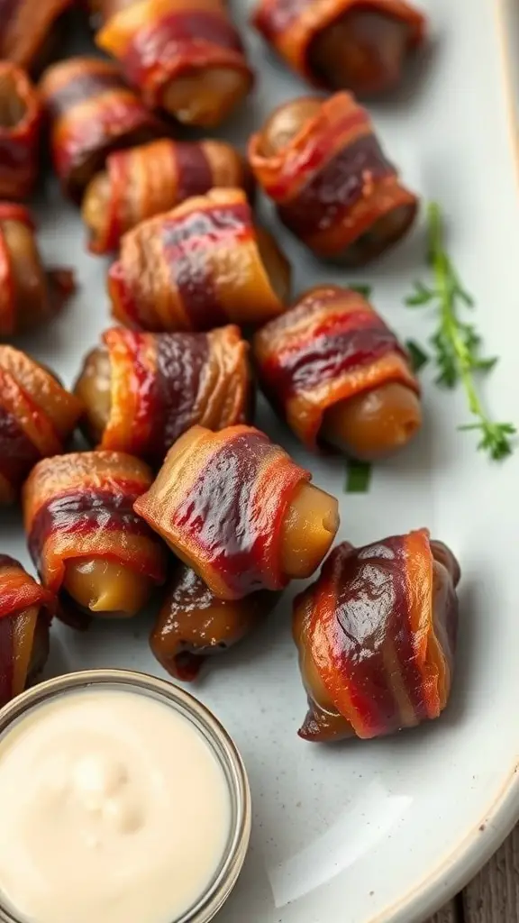 A plate of bacon-wrapped dates with a small bowl of dipping sauce.