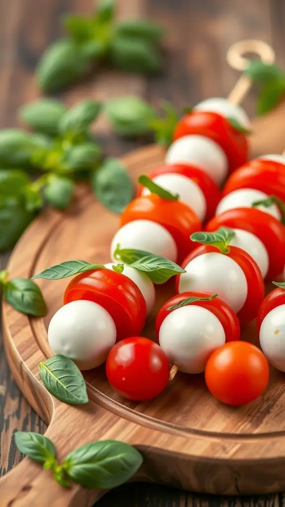 Mini Caprese skewers with cherry tomatoes, mozzarella balls, and basil leaves on a wooden platter.