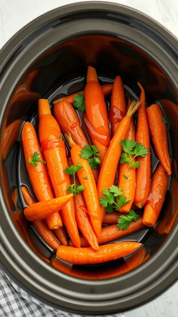 A crockpot filled with honey garlic glazed carrots garnished with fresh herbs.