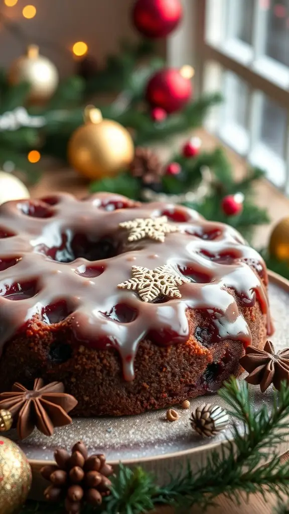 A festive Mulled Wine Cake decorated with a glaze and snowflake, surrounded by holiday ornaments and pinecones.