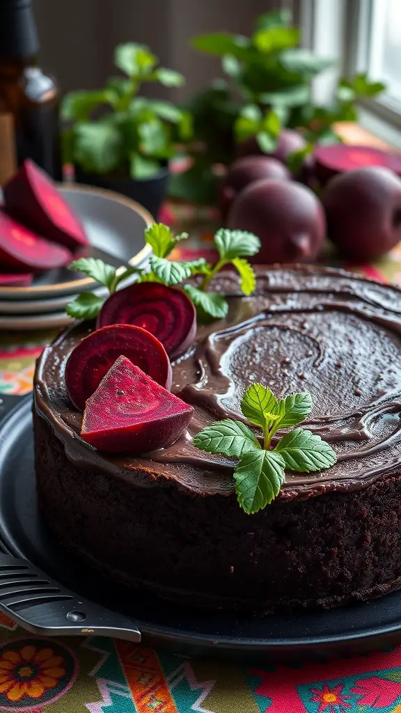 A dark chocolate beetroot cake topped with chocolate ganache and beetroot slices, surrounded by fresh mint leaves.