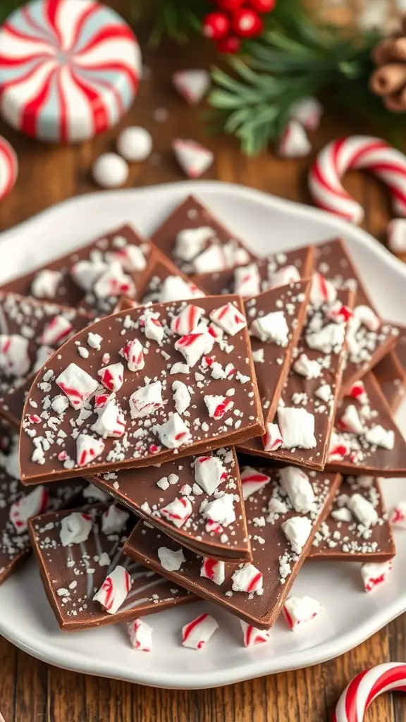 A plate of classic chocolate peppermint bark topped with crushed peppermint candies, surrounded by festive decorations.