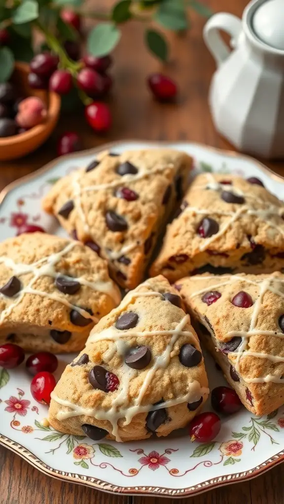 A plate of chocolate chip scones with cranberries, drizzled with icing, surrounded by fresh cranberries.