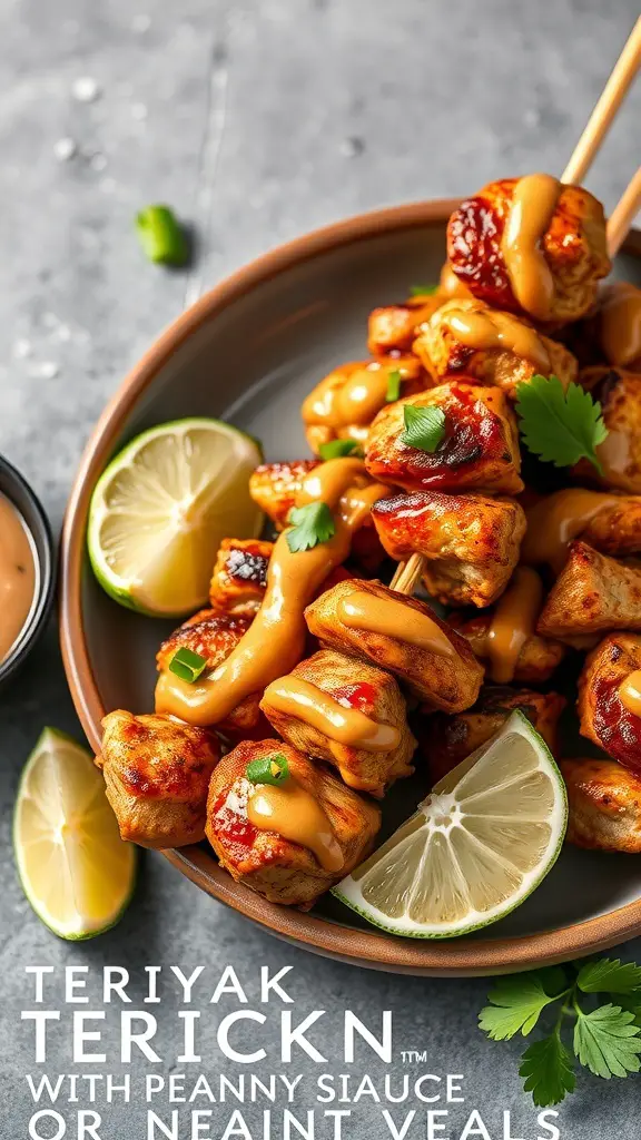 Teriyaki Chicken Satay with Peanut Sauce served with lime and cilantro