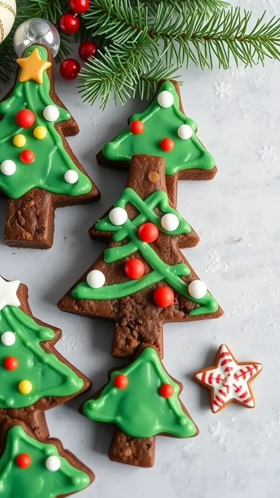 Christmas Tree Brownies decorated with green icing and colorful candies