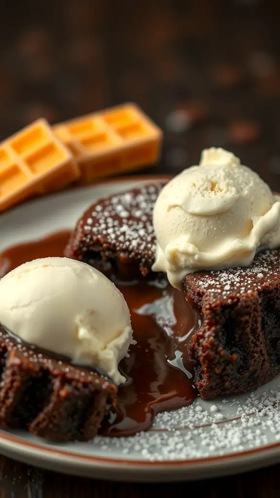 Chocolate lava cake with melting center, served with vanilla ice cream and waffles.