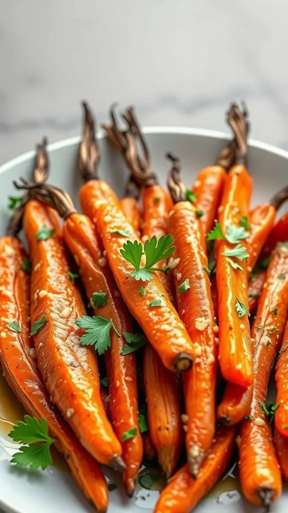 A plate of garlic parmesan roasted carrots garnished with parsley.