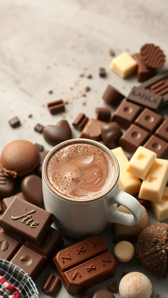 A cozy setup featuring a cup of hot chocolate surrounded by various gourmet chocolates.